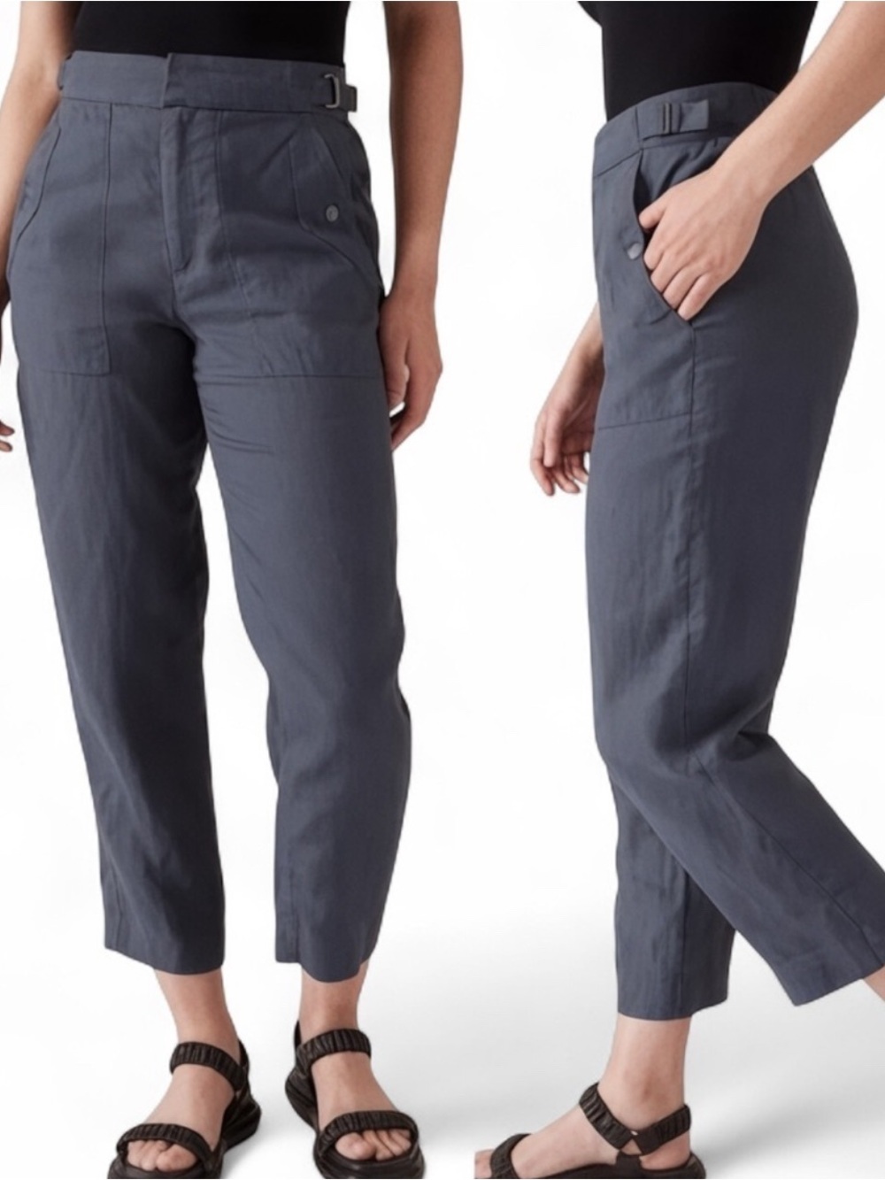 Athleta Voyager 100% Linen Strap Waist Pant Size 8 in Granite Blue